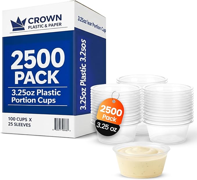3.25 oz Clear Plastic Portion Cups for Fast, Efficient Service - 2,500 PackDisposable Cups for Condiments, Sauces & Dressingswith Easy Portion Control - Plastic Cups for Restaurants, Events & Sampling by CrownPlasticPaper