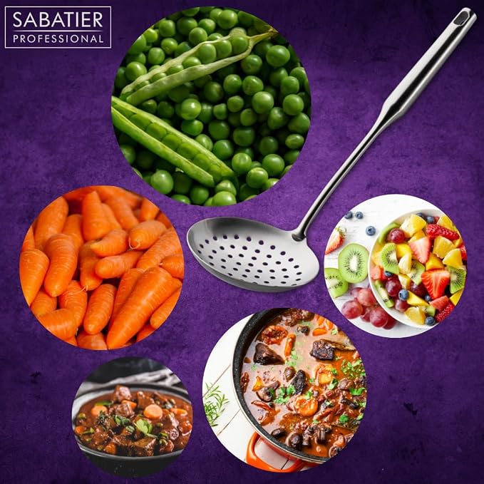 Sabatier Professional Large Metal Skimmer - Satin Polished Stainless Steel Cooking Spoon for Draining Frying Oil, Serving Boiled Veg Or Pasta. Strong Construction. 25 Year Guarantee, Dishwasher Safe - Image 7