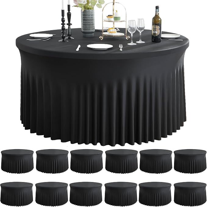 12 Pack Black Round Spandex Tablecloth for 60 inch Table, Wrinkle Free Stretchy 120inch Fitted 5FT Round Table Cloths Cover with Skirt for Wedding Birthday Party Dining Banquet Events by Htper