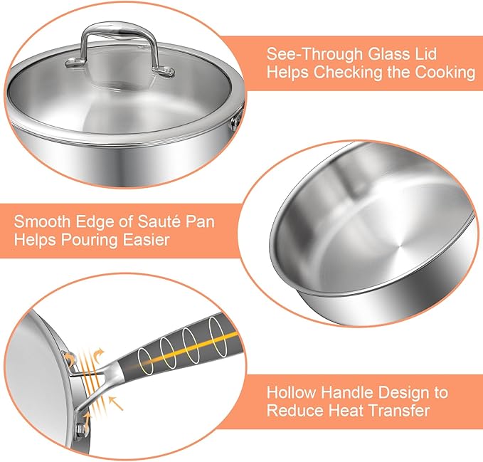EWFEN 12 Inch Tri-Ply Stainless Steel Frying Pan, Compatible with All Cooktops Up to 600℉, Large Frying Pan with lids, Induction-Ready Skillet, Dishwasher and Oven Safe, Even Heat, 12" Saute Pan+Lid - Image 6