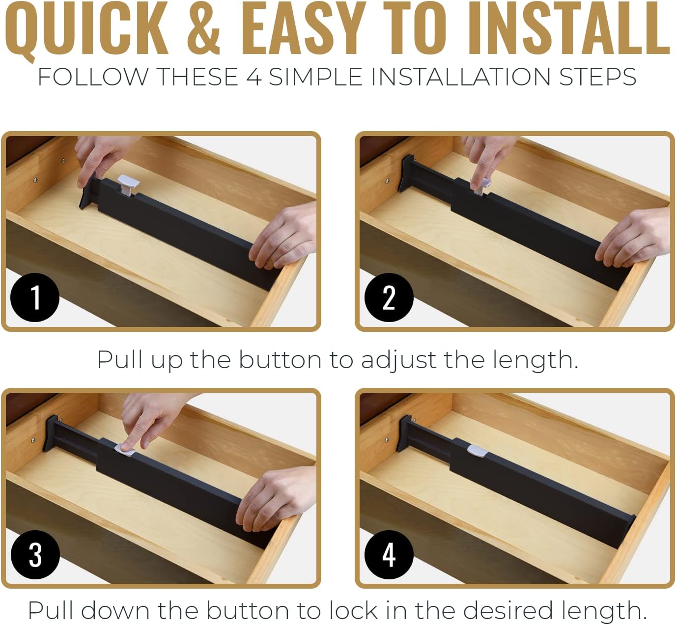 RAPTUROUS Adjustable Drawer Dividers 8 Pack, 2.5" High, 13-22" Long, Dresser Drawer Organizer for Bedroom, Closet, Kitchen, Nursery, Office, Strong Hold, Soft Foam Edges, Black