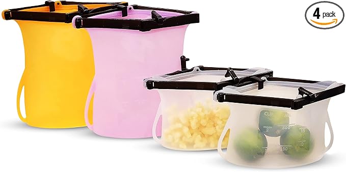 Reusable Silicone Stand-Up Food Storage Freezer Bags Microwave Freezer Dishwasher Safe Snack Bags (2 x 33 Oz + 2 x 17 Oz Random Color Varies) by WISELLYReusableProducts