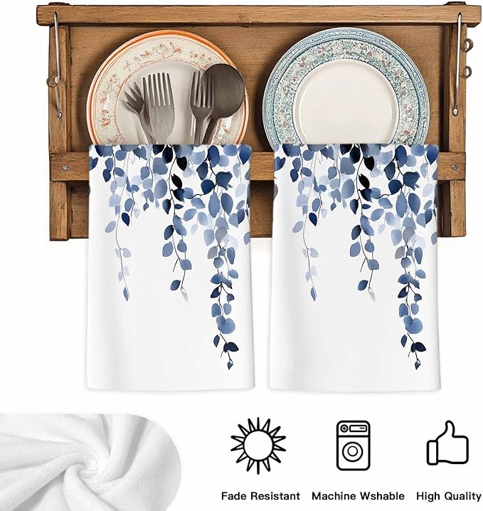 Blue Eucalyptus Kitchen Towels Set of 2, Absorbent Dish Towels for Kitchen, Spring Summer Botanical Plants Chic Microfiber Hand Towel, Quick Drying Tea Towel for Cleaning Decorative Dishcloths - Image 5