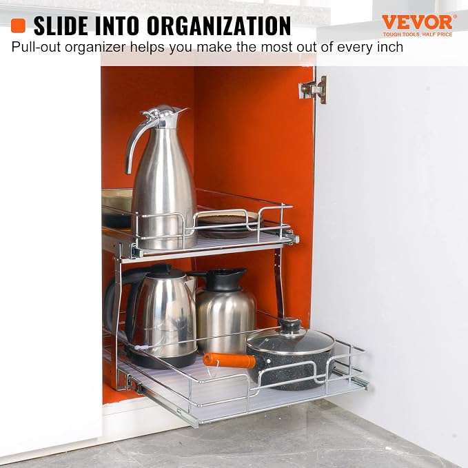 VEVOR 2 Tier 17"Wx21.2"Dx15.2"H Pull Out Cabinet Organizer, Heavy Duty Slide Out Pantry Shelves, Steel Roll Out Drawers, Sliding Drawer Storage for Home, 18.5"Wx22.5"Dx19"H Install Size for Cabinet - Image 2
