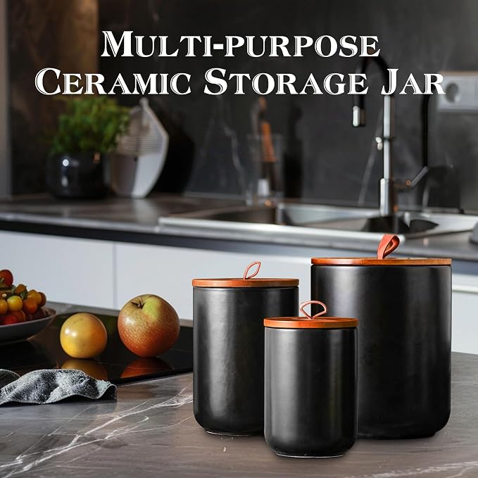 JOJUNO Black Ceramic Canister 3 Piece with Airtight Bamboo Lid - Image 5