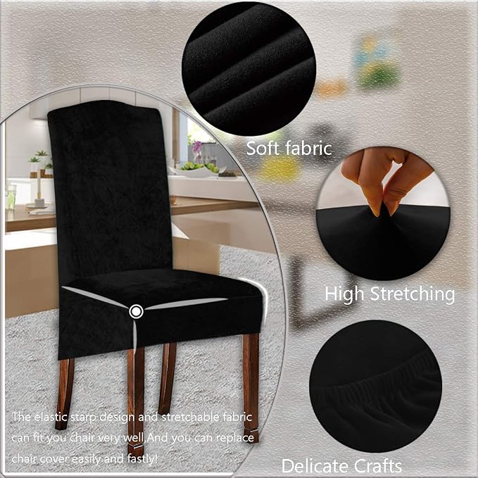Velvet Plush XL Dining Chair Covers, Stretch Chaircover, Spandex High Chairs Protector Covers Seat Slipcover with Elastic Band for Dining Room,Wedding, Ceremony, Banquet (Black, Set of 2) - Image 2