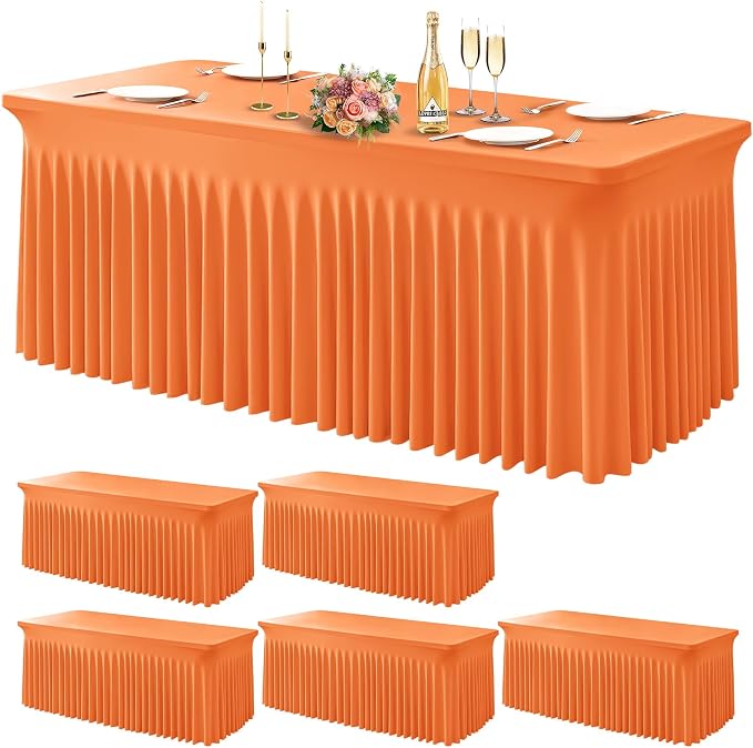Wish Care 6 Pack Orange Spandex Table Clothes for 8 Foot Rectangle Tables, 8FT Wrinkle Free Fitted Tablecloths Ruffles Design Table Cover for Party, Banquet, Wedding and Events by WishCare