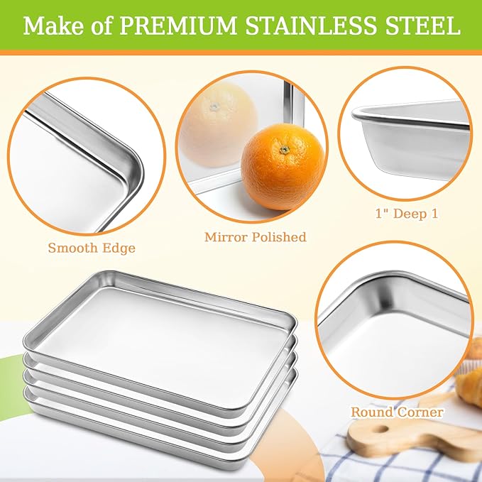 4 Pieces Baking Sheet Pan Tray, CEKEE Stainless Steel Small Cookie Sheets for Baking, Baking Sheets for Oven, Warp Resistant & Heavy Duty & Rust Free Baking Pans Set - Size 9.3 x 6.9 x 0.98 Inch - Image 3