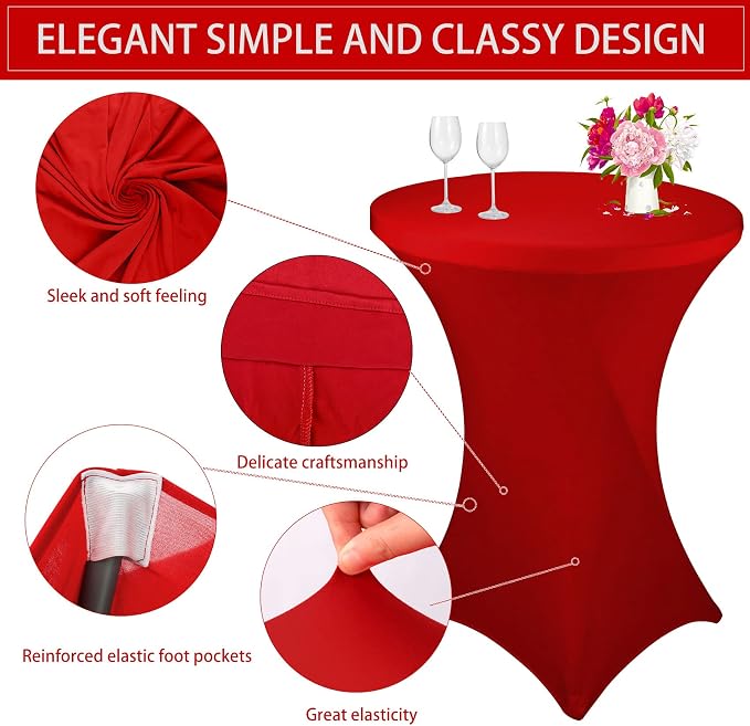 6 Pack Cocktail Spandex Tablecloth 32"x43" Red Stretch Square Corners Cocktail Table Cover Fitted High Top Round Table for Bar Wedding Birthday Party Banquet - Image 3
