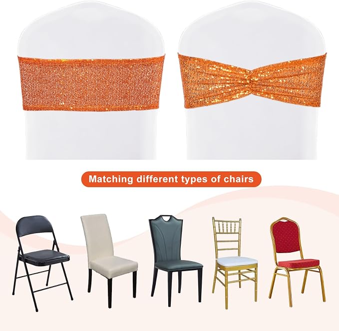 SquarePie 50 Pcs Sequin Chair Sashes Orange Sequin Sashes Bands Decorative Ties for Wedding Party Festive Chair Cover Decor - Image 8