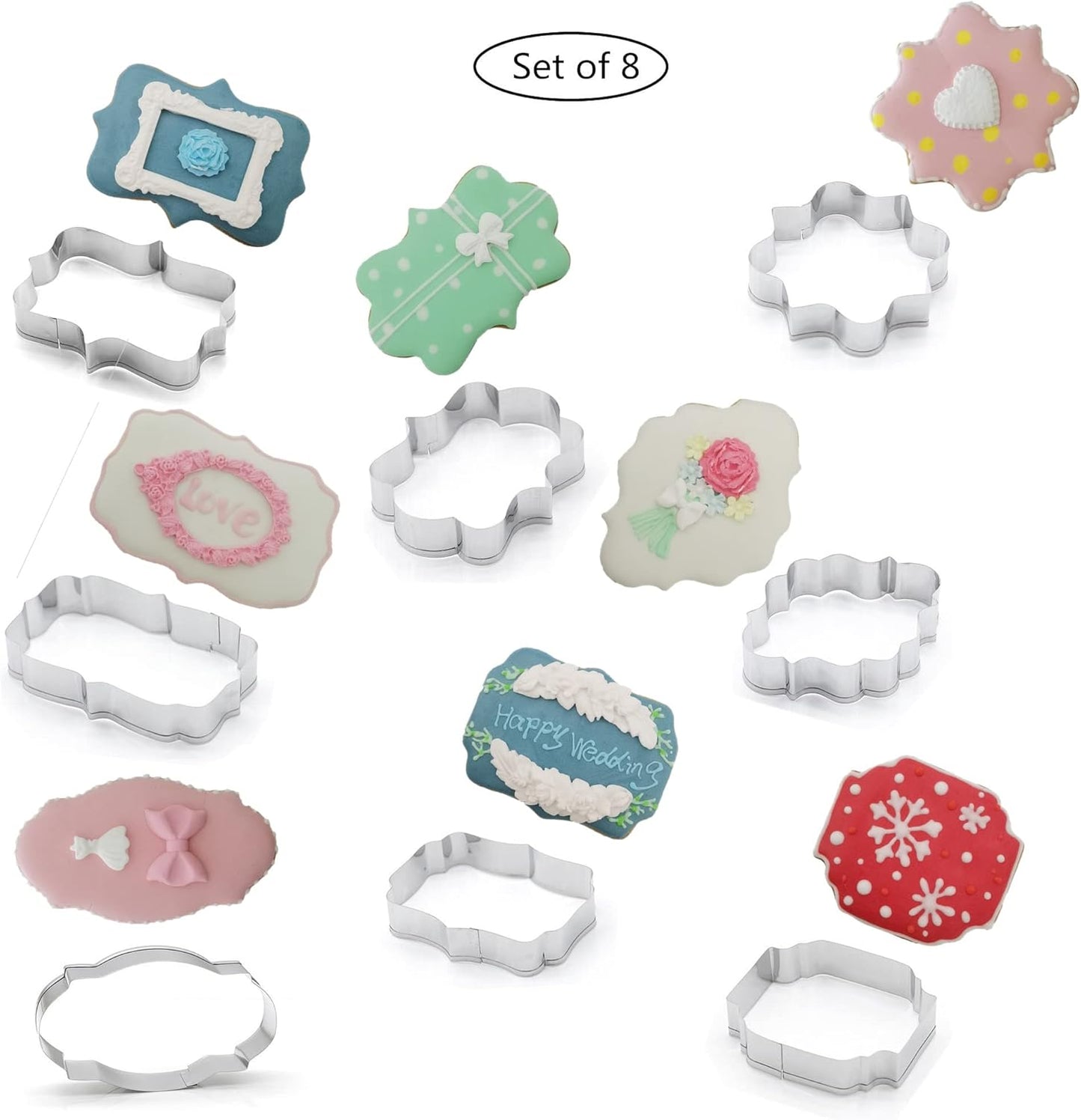 Fancy Plaque Cookie Cutters Set of 8 pcs, Stainless Steel Wedding Frames Shaped Fondant Cutter Molds Baking DIY