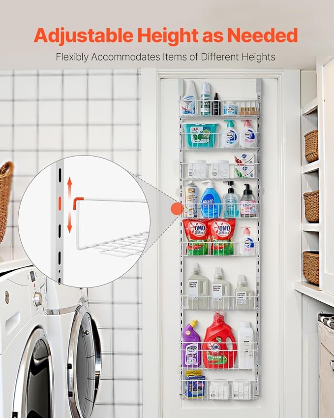 VEVOR Over the Door Pantry Organizer, 8-Tier Pantry Organization and Storage, Heavy-Duty Steel Hanging Spice Rack, Adjustable Wall Seasoning Shelves, for Home Kitchen Laundry Room Bathroom, White - Image 3