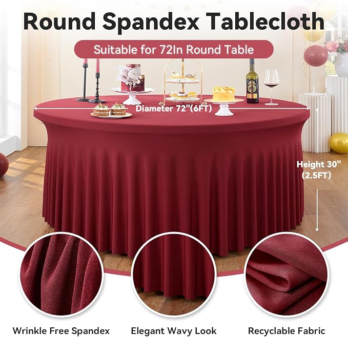 leegleri 8 Pack Spandex 72in Burgundy Round Tablecloths, Stretchy 132inch Fitted 6FT Round Table Cloths, Wrinkle Free Table Cover with Skirt for Wedding Birthday Party Bridal Shower Banquet - Image 3