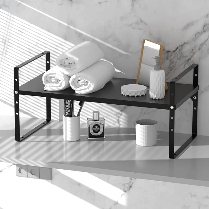 iPEGTOP Expandable Cabinet Storage Shelf Organizer Rack, Heavy Duty Steel Metal Spice Rack Adjustable Height Home Office Garage Pantry Shelves for Counter Kitchen Organization, Black, 2 Pack - Image 7