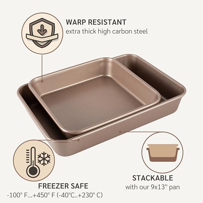 HAPPIELS 9 x 9 inch Square Baking Pan Nonstick, PFOA & BPA Free | | Non-Toxic - High Carbon Steel - Gold - Cake & Brownie Mold - Image 6