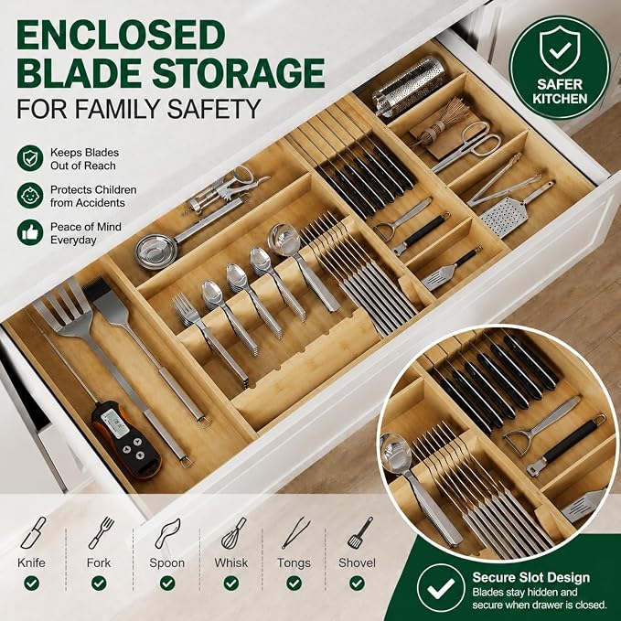 Bamboo Expandable Kitchen Drawer Organizer, 17.7-29.5 in,Natural - Image 3