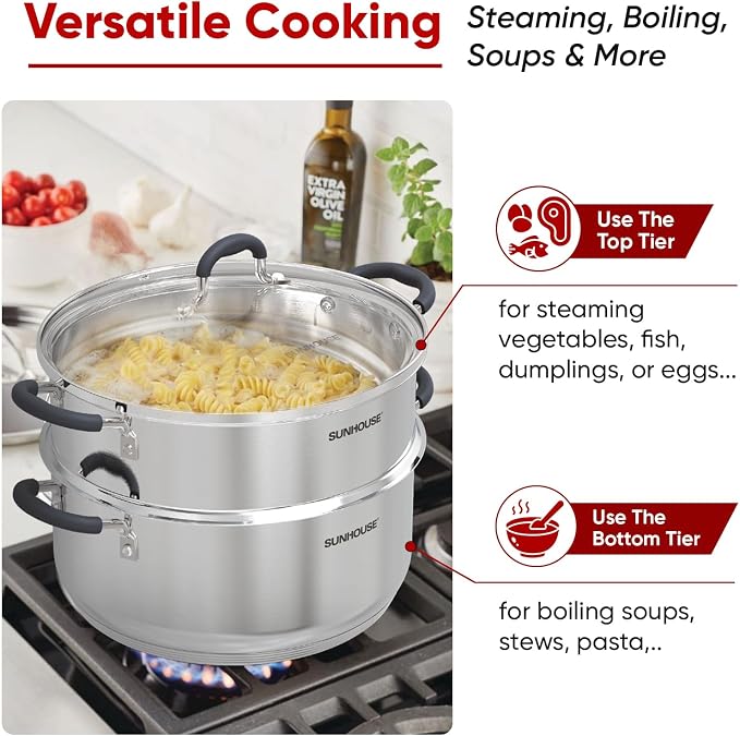 Sunhouse: 2-Tier Stainless Steel Steamer Pots - 5.5 Quart - Tempered Glass Lid, 3-Ply Bottom, Vegetable-Dumpling-Food Cookware, Dishwasher & Oven Safe - Image 6