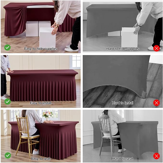 leegleri 4 Pack Burgundy Spandex Table Clothes for 6 Foot Rectangle Tables, Wrinkle Free Fitted Table Cover 6ft Stretch Tablecloths with Skirt for Parties Weddings Birthday Banquet Baby Shower - Image 5