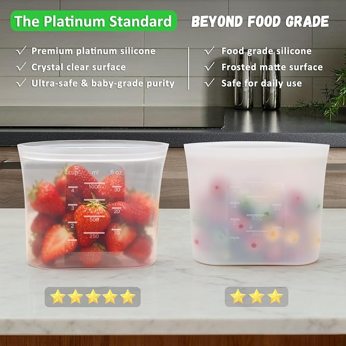 100% Platinum Silicone Reusable Food Storage Bags, 4 Pack, 51fl.oz/1500ml | Premium Silicone Reusable Storage Bag, Stand-Up Wide-Mouth Ziplock, Medium Size, Freezer Microwave Dishwasher Safe, Clear - Image 6