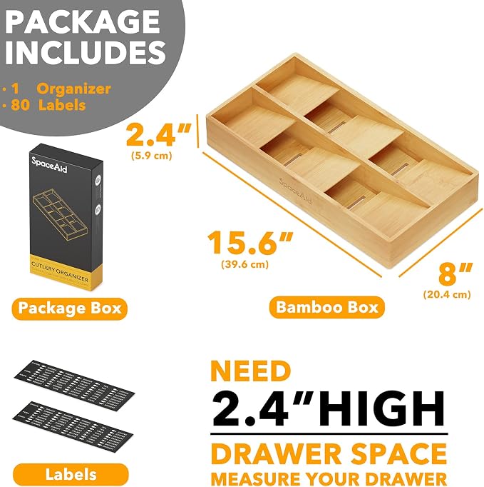 SpaceAid Bamboo Silverware Drawer Organizer with Labels (Natural, 6 Slots) Bag Storage Organizer - Image 4