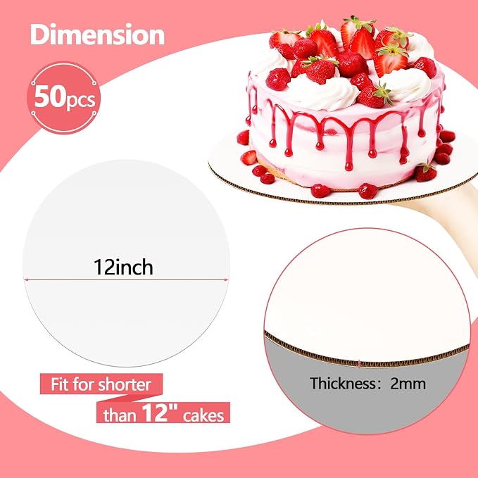 50PCS Cake Board Circle 12 Inch,2mm Card Drums Plate Bases,Food Grade & Oil-Resistant,For Cake Display Baking Party Birthday Wedding Pizza - Image 2