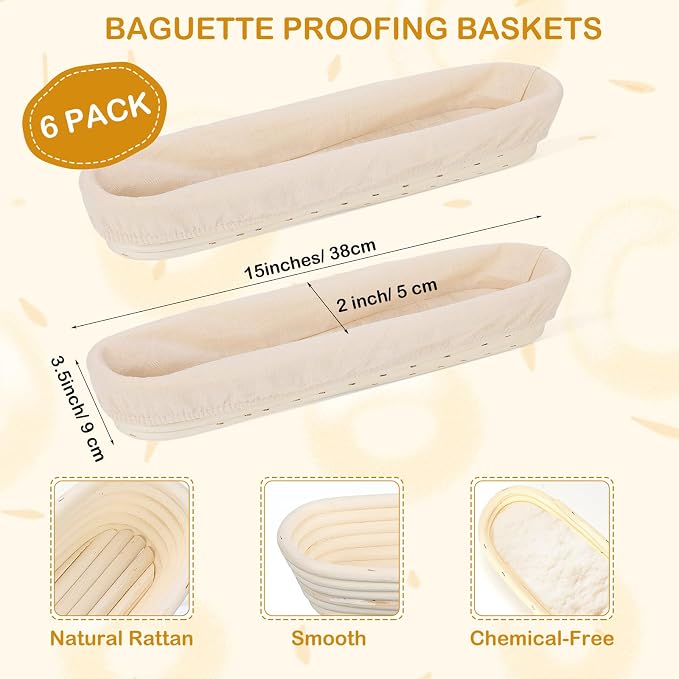 Vesici 15 Inches Baguette Banneton Proofing Basket 6 Pack with Linen Liner Baguette Banneton Bread Baking Baskets Rattan Dough Proofing Baskets for Baguette, Home Bake, Bakers Supplies, Baking Gifts - Image 3