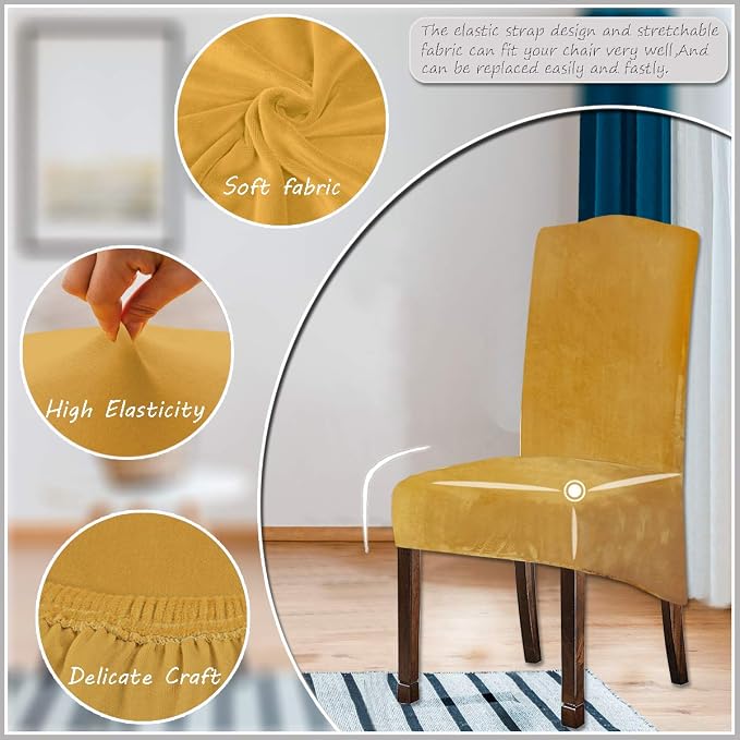 Velvet Plush XL Dining Chair Covers, Stretch Chaircover, Spandex High Chairs Protector Covers Seat Slipcover with Elastic Band for Dining Room,Wedding, Ceremony, Banquet (Mustard Gold, Set of 2) - Image 2