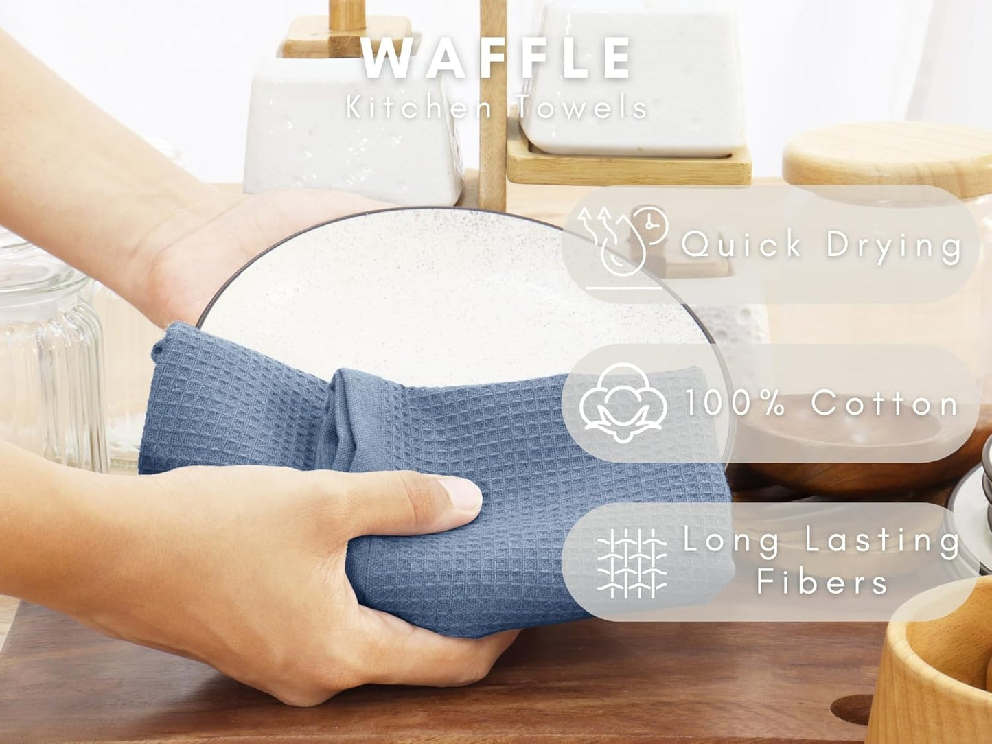 PurpleEssences Waffle Weave Kitchen Towel, 100% Cotton - 15 x 25 Inches, with Hanging Loop Ultra Soft Absorbent Quick Drying Dish Cloth, Tea and Hand Towels, 6 Pack - Spring Summer - Smoky Grey