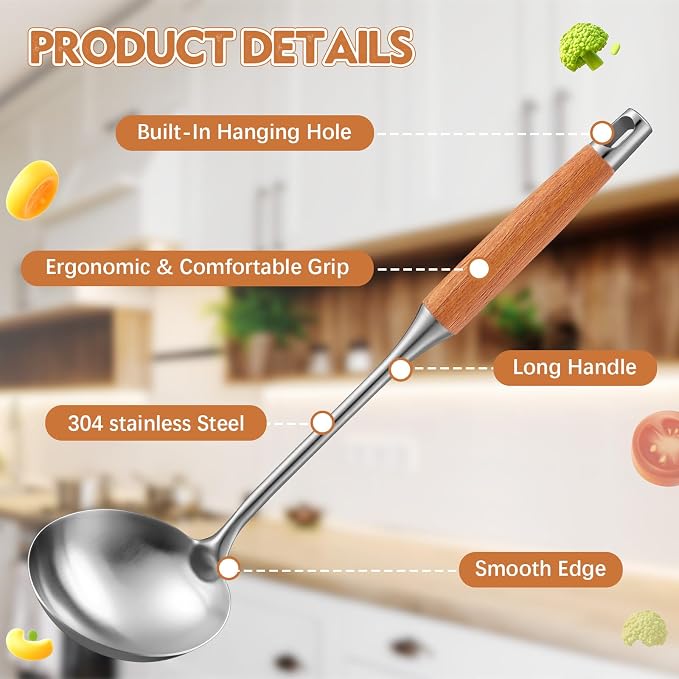 Teenyyou 9 Pcs 304 Stainless Steel Utensils Set with Wood Handle Metal Cooking Tool Spatula, Solid Spoon, Slotted Spoon, Fork, Ladle, Skimmer, Slotted Spatula Spaghetti(brown,wooden) - Image 6