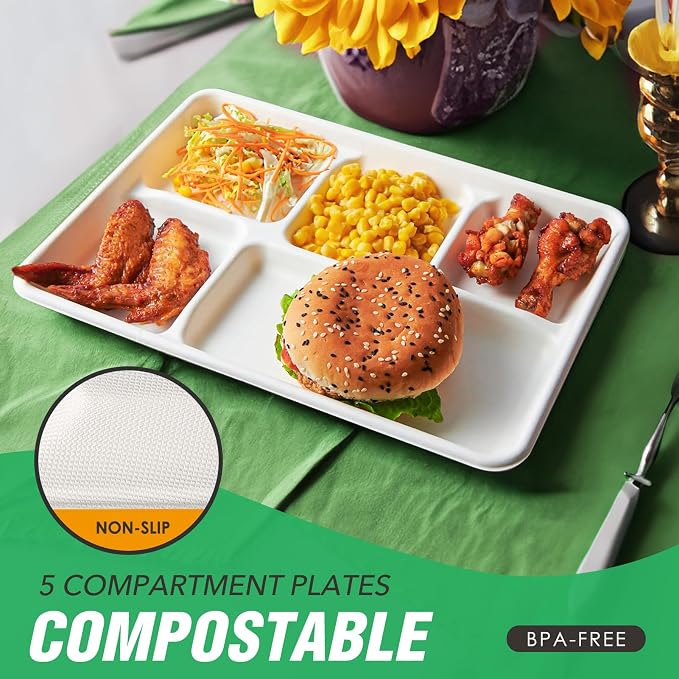 Gezond 100% Compostable 5 Compartment Plates Disposable 12.5 Inch 100 Pack | School Lunch Trays Heavy Duty Divided Eco-Friendly Biodegradable Sugarcane Plates for Party Buffet Lunch Dinner - Image 4