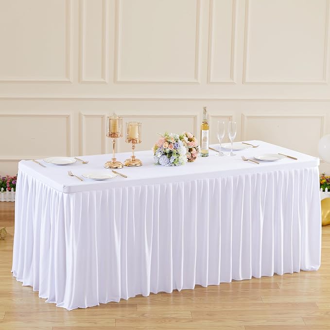 Wish Care White Polyester Table Clothes for 8 Foot Rectangle Tables, Wrinkle Free Fitted Table Cover with Pleated Ruffle Table Skirt for Birthday Party Wedding Trade Show Event Display - Image 3