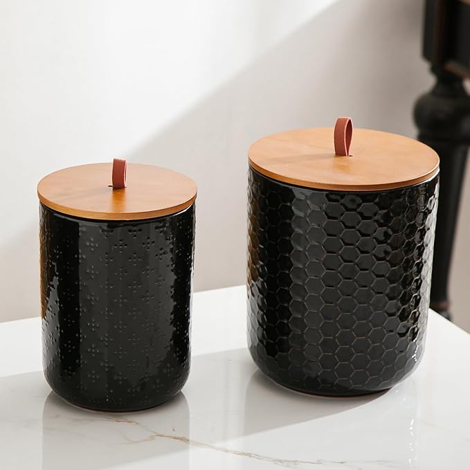 JOJUNO Black Embossed Ceramic Canister 3 Piece with Airtight Bamboo Lid - Image 8