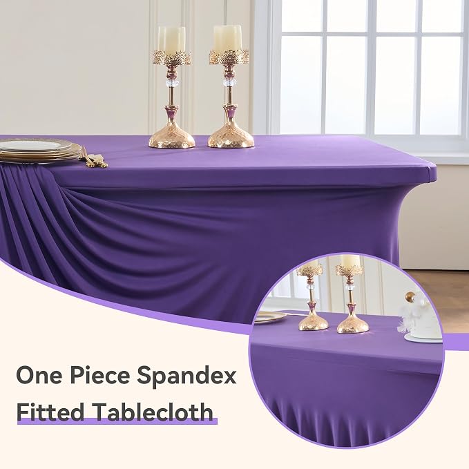 Spandex Tablecloth 6FT Rectangle Table Cover 4 Pcs Deep Purple Wrinkle-Free - Image 2
