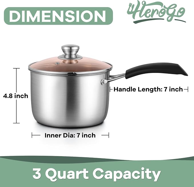Herogo 3 Quart Saucepan, 18/10 Stainless Steel Sauce Pan Pot with Lid, 3Qt Saucepan for Gas Electric Stove Top Camping, Healthy & Rust Free - Image 2