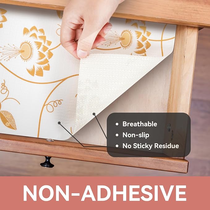 Shelf Liner,Non Adhesive Golden Leaves Floral 18In x 8 FT(2 Rolls) Non Slip - Image 9