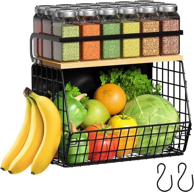 Ofiray-home Magnetic Shelf for Fridge with Wood Lid, Fruit Potato and Onion Storage Bins, Pantry Organizers & Storage, Large Container Magnetic Spice Rack for Refrigerator, Kitchen Counter (Black, 1) by Ofiray-home
