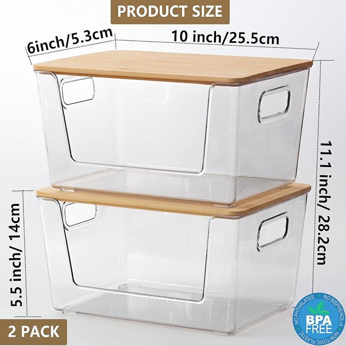 2 Pack Pantry Organizers Stackable Storage Bins Open Front with Lids for Fruit Garlic Snack Bread Produce - Clear Holder for Kitchen Laundry Countertop or Under Sink Organizer (Small) - Image 2