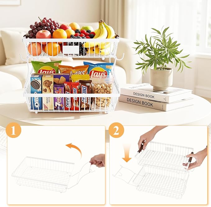 2-Tier Stackable Wire Basket with 2 Banana Hooks, Pantry Organizer for Kitchen Countertops, Cabinets & Under-Sink Spaces; Ideal for Storing Snacks, Fruits, Veggies, Onions, Potatoes, & More，White - Image 5