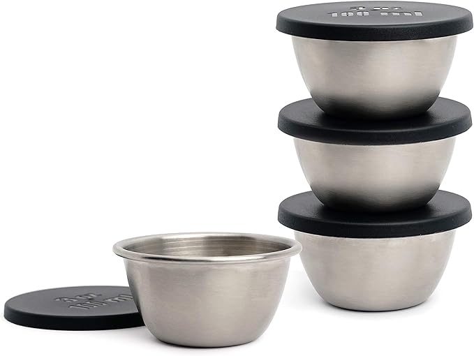 RSVP International Kitchen Prep Bowl Collection, Stainless Steel, Dishwasher Safe, Cup & Lid, 4 Piece, 3-ounce by RSVPInternational