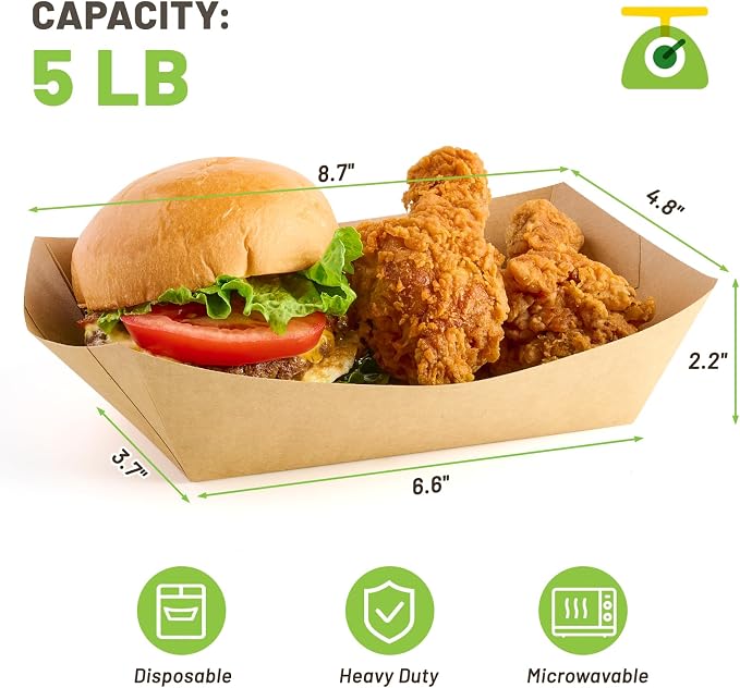 ZORRITA 50 Pack 5 LB Extra Large Paper Food Trays | Disposable, Kraft Paper, Nacho Trays, Food Boats, Party Serving Baskets, For Sandwiches Burgers Popcorns Snacks - Image 2