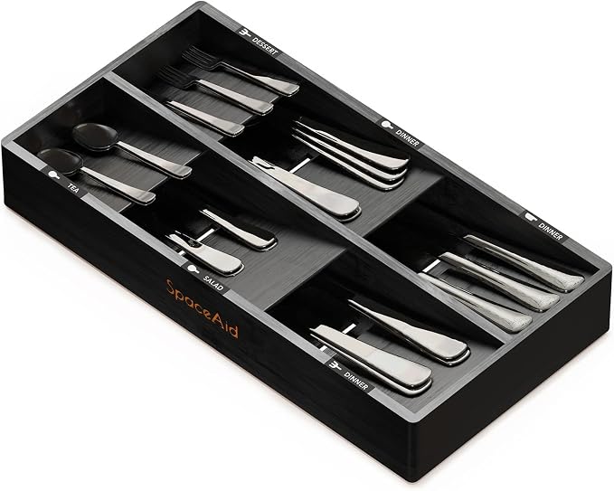 SpaceAid Bamboo Silverware Drawer Organizer with Labels, Kitchen Utensil Tray Holder Organizer for Flatware, Cutlery, Spoon and Knives Drawer Storage Organization (Black, 6 Slots) by SpaceAid