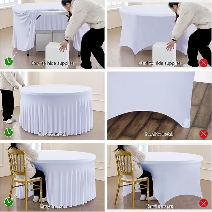 leegleri 10 Pack Spandex White Round Tablecloths for 72in Tables, Stretchy 132inch Fitted 6FT Cloths, Wrinkle Free Cover with Skirt for Wedding Birthday Party Bridal Shower Banquet - Image 3