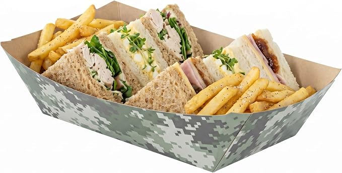 Restaurantware-Bio Tek 2 Pound Food Trays, 50 Disposable Paper Food Trays - Heavy-Duty, Greaseproof, Camouflage Paper Boats, For Snacks, Appetizers, Or Treats, Use At Parties Or Carnivals by Restaurantware