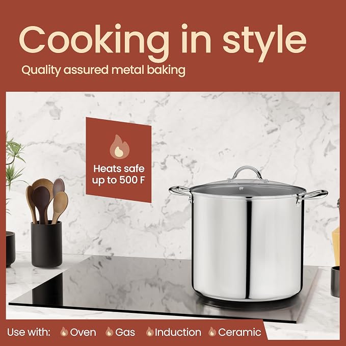 Stainless Steel Stockpot with Tempered Glass Lid 24 Quart, Durable 18/0 Stainless Steel, Impact-Bonded Base for Even Heating, Riveted Handles, Oven & All Stove Compatible, Safe Up To 500°F (260°C) - Image 3