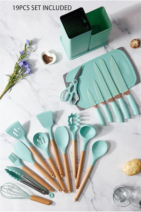Kitchen Utensil and Knife Set with Storage, 19 in 1 Set with 11 Piece Silicone Cooking Utensils, 5 Pcs Sharp Stainless Steel Chef Knives Scissors Whisk Tongs and Cutting Board Teal - Image 2