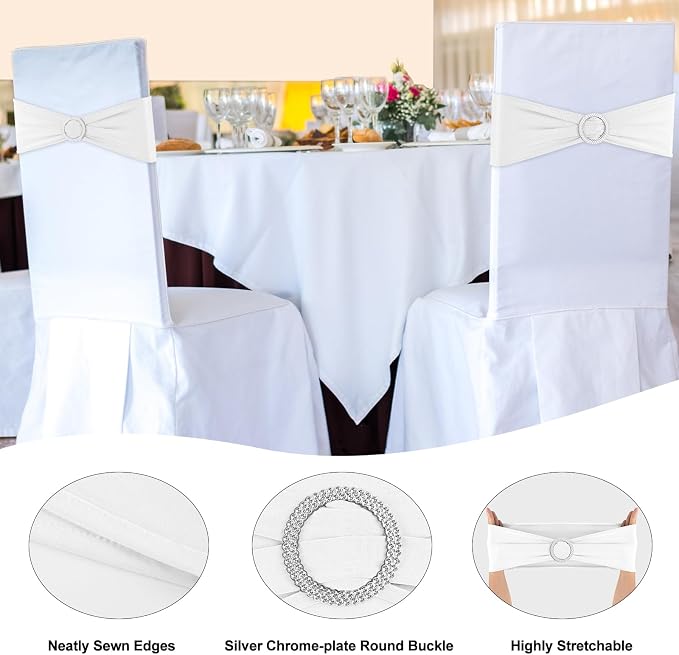 White Chair Sashes 25 Pack Spandex Stretch Chair Band Sashes with Buckles for Folding Chairs Wedding Party Reception Baby Shower Events Banquet Decorations - Image 3