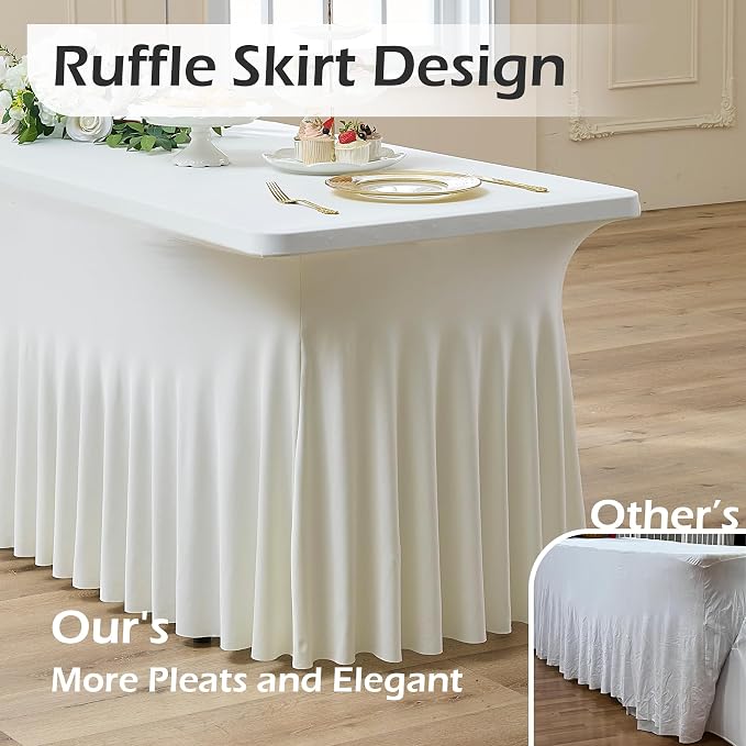 4 pk Ivory Spandex Tablecloth 6ft with Ruffle Skirts,Wrinkle Free High Stretch Cream Fitted Tablecloths for 6 Foot Rectangle Tables,Elastic Spandex Table Covers 6 ft for Parties Weddings Banquet - Image 2
