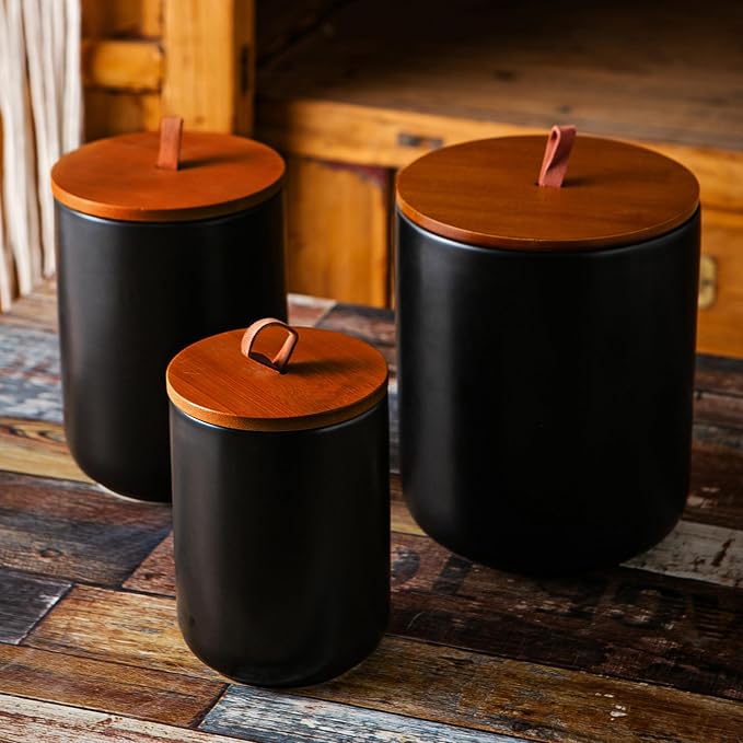 JOJUNO Black Ceramic Canister 3 Piece with Airtight Bamboo Lid - Image 6