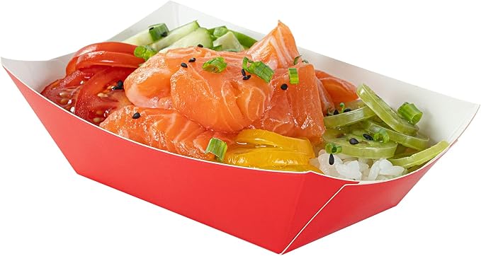 Restaurantware-Bio Tek 6 Ounce Boat Paper Boats, 50 Disposable #40 Food Trays - PE Lining, Durable, Red Paper Food Baskets, For Concession Stands, Picnics, or Fairs, Stackable by Restaurantware