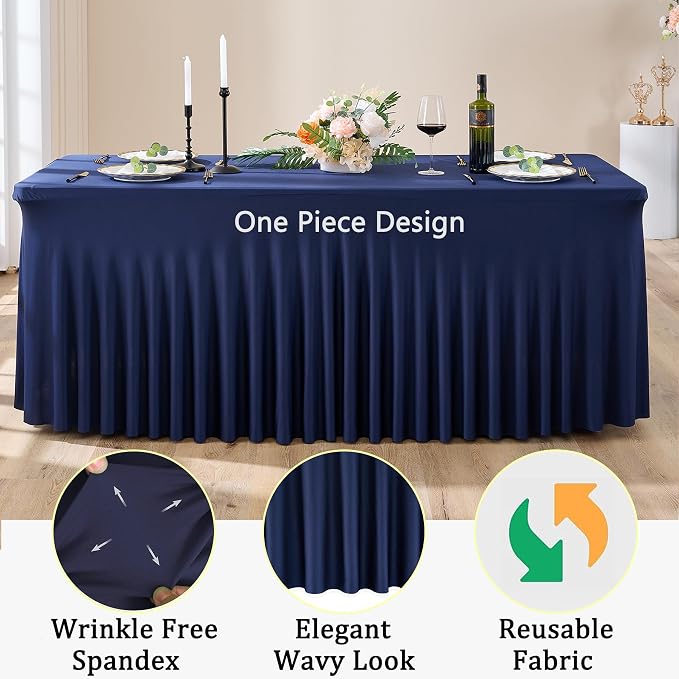 3 Packs Navy Blue Spandex Tablecloths for 6 Foot Rectangle Tables, Stretchy Fitted 6FT Blue Table Skirt for Wedding Party, Wrinkle Free Tablecloths for Banquet Wedding Birthday Party - Image 4